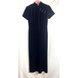 Vintage 90s Midnight Blue Velvet Chinese Qipao Cheongsam Maxi Dress 4 Whimsigoth